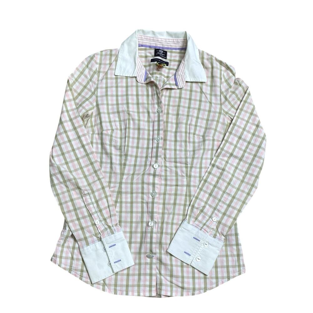 Tommy Hilfiger Womens S Button Up Shirt Pink White Check Collared Gingham Career